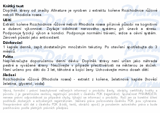 Allnature Rozchodnice Rhodiola Rosea 500mg cps.60