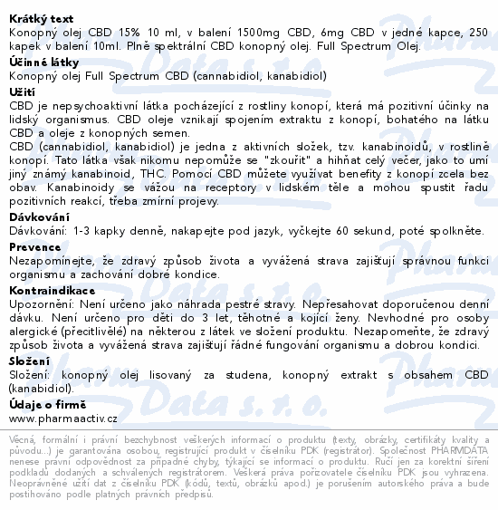 CBD 15% Full Spectrum Konopn olej 1500mg 10ml