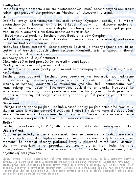 Cytoplan Saccharomyces Boulardii 250mg cps.30