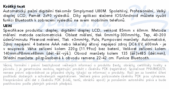 SimplyMed Autom. pan tlakomr U80M s Bluetooth