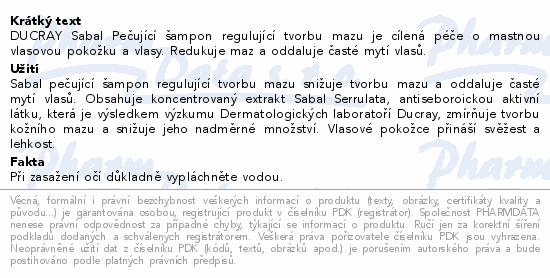 DUCRAY Sabal ampon regulujc tvorbu mazu 200ml